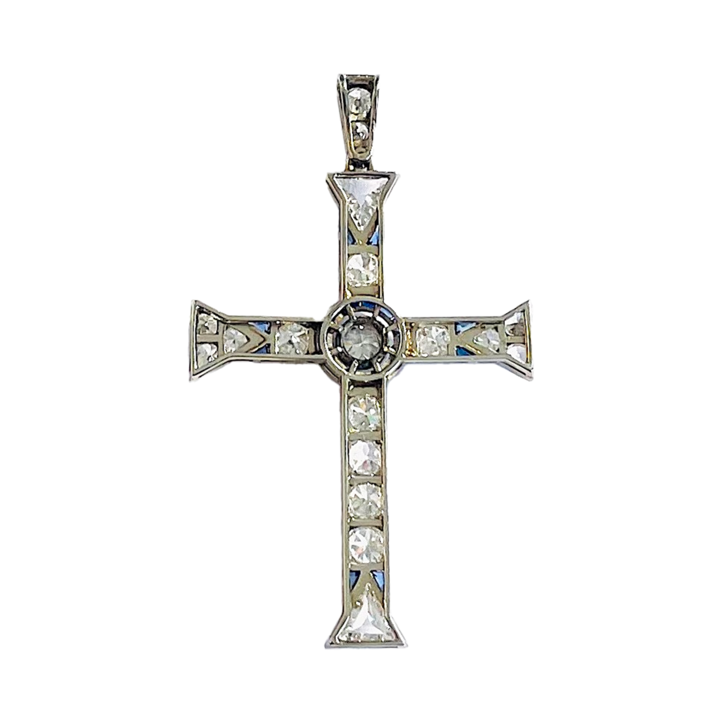 Edwardian Platinum & 18KT Yellow Gold Diamond & Sapphire Cross Pendant back