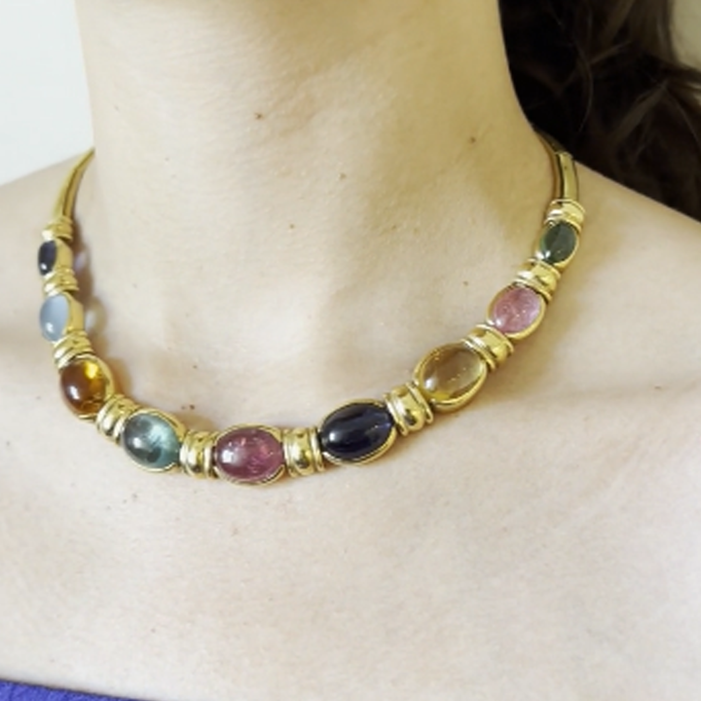 1970s 18KT Yellow Gold Aquamarine, Beryl, Citrine, Iolite & Tourmaline Necklace on neck