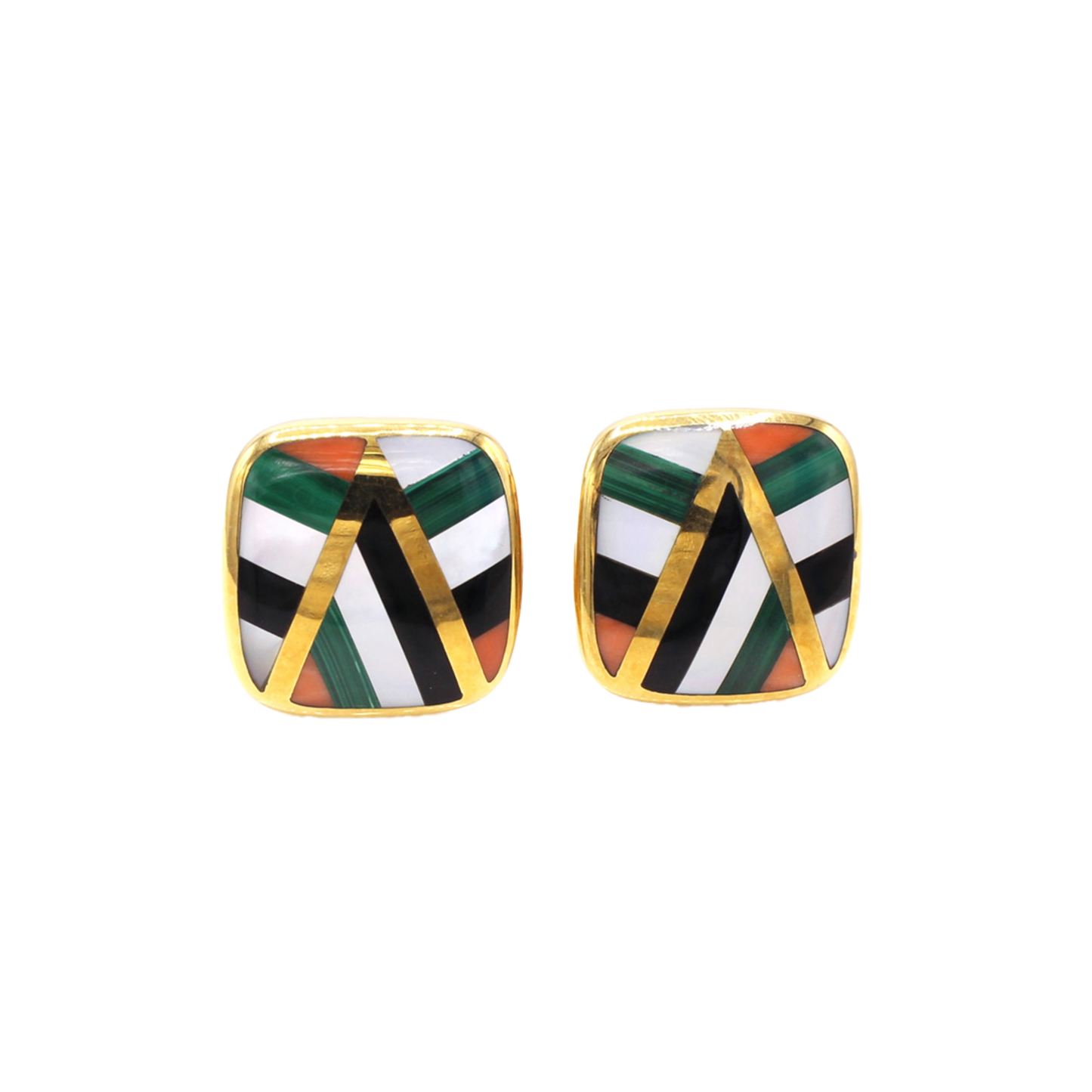 Asch Grossbardt 1980s 18KT Yellow Gold Carnelian Agate, Malachite, Mother of Pearl & Onyx Earrings front