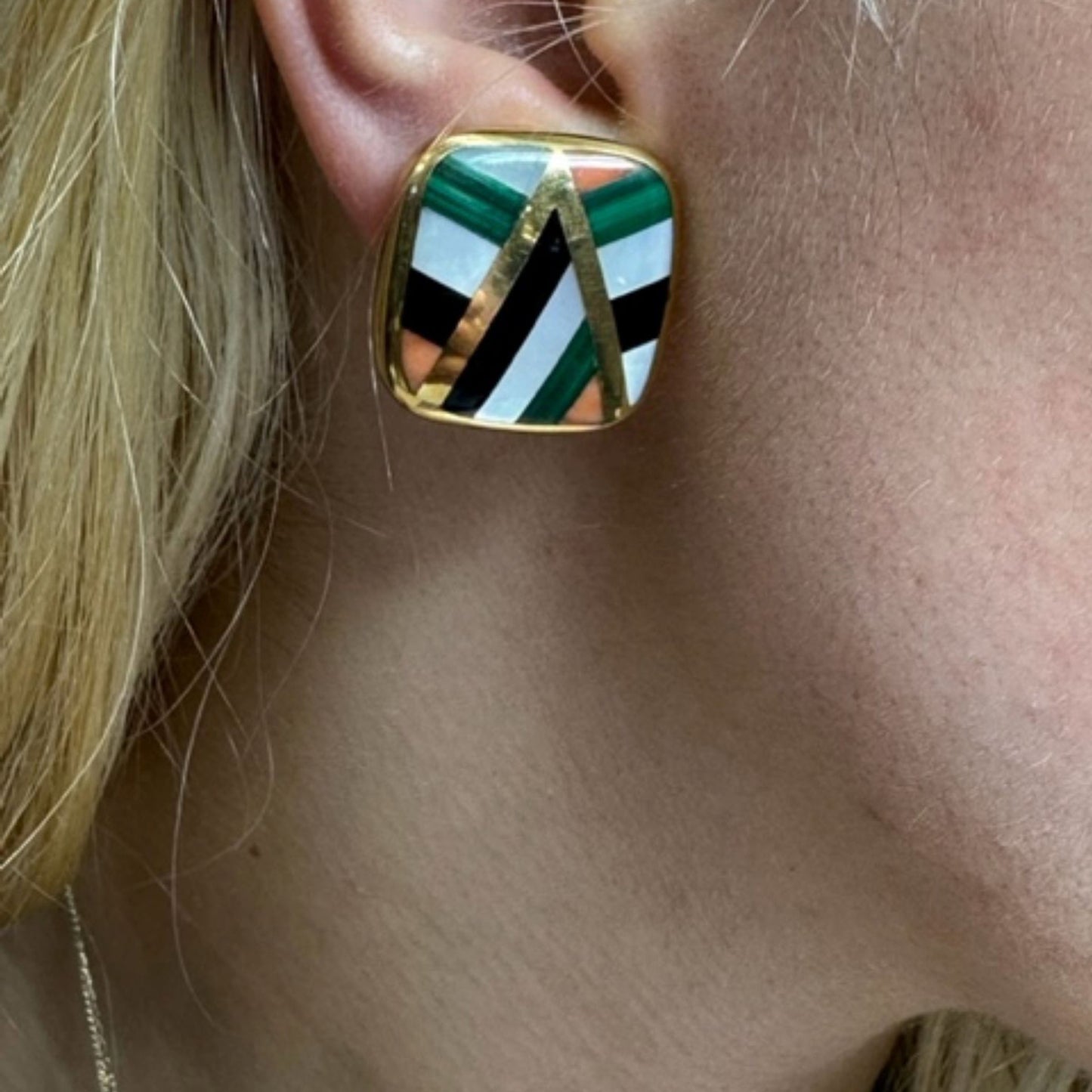Asch Grossbardt 1980s 18KT Yellow Gold Carnelian Agate, Malachite, Mother of Pearl & Onyx Earrings on ear