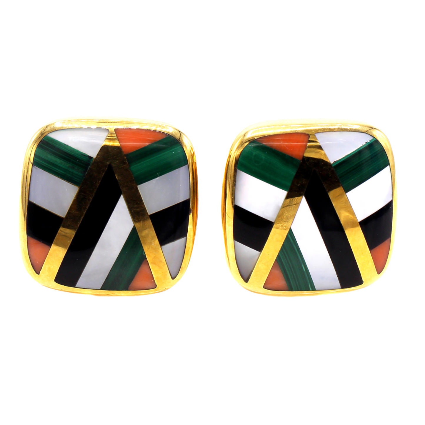 Asch Grossbardt 1980s 18KT Yellow Gold Carnelian Agate, Malachite, Mother of Pearl & Onyx Earrings front