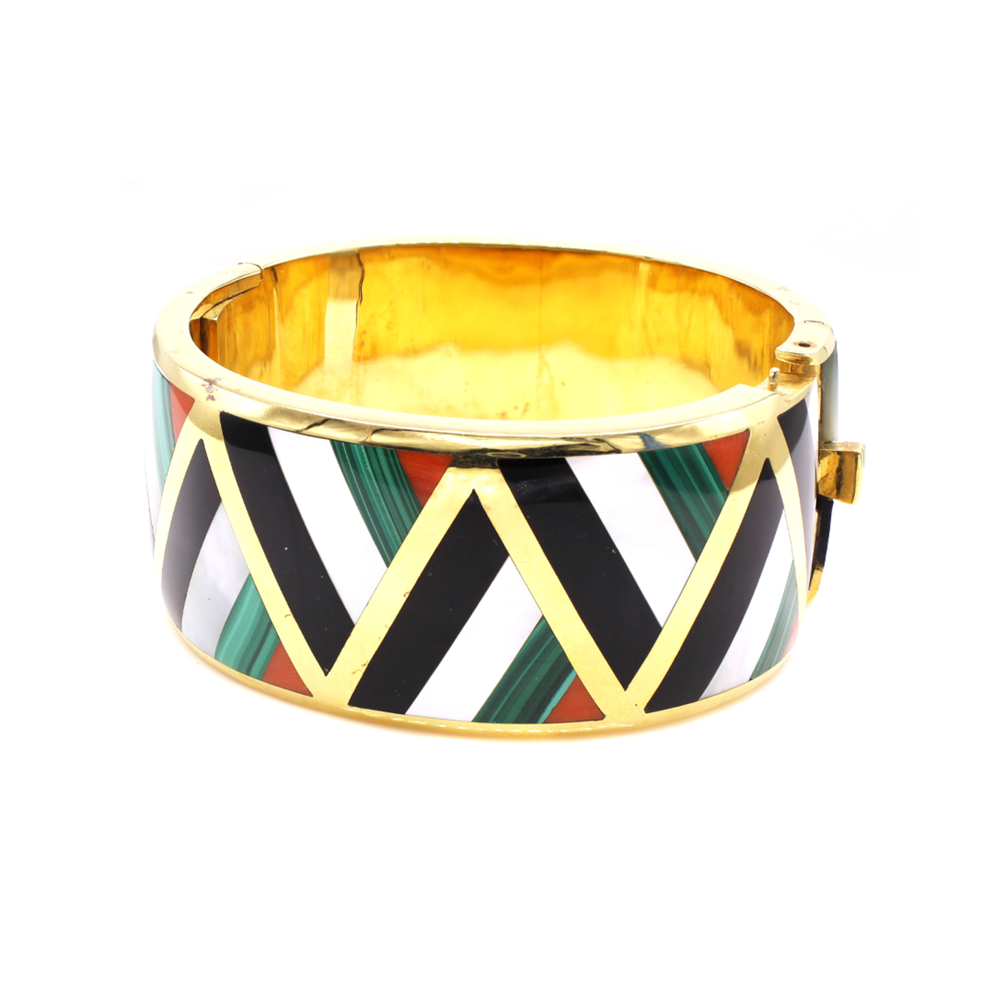 Asch Grossbardt 1980s 18KT Yellow Gold Carnelian Agate, Malachite, Mother of Pearl & Onyx Bangle Bracelet front