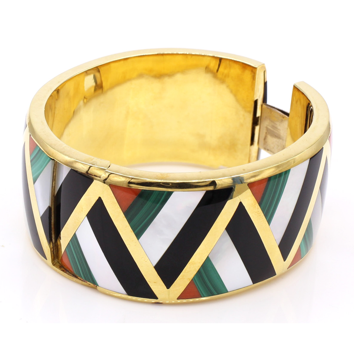 Asch Grossbardt 1980s 18KT Yellow Gold Carnelian Agate, Malachite, Mother of Pearl & Onyx Bangle Bracelet front/side