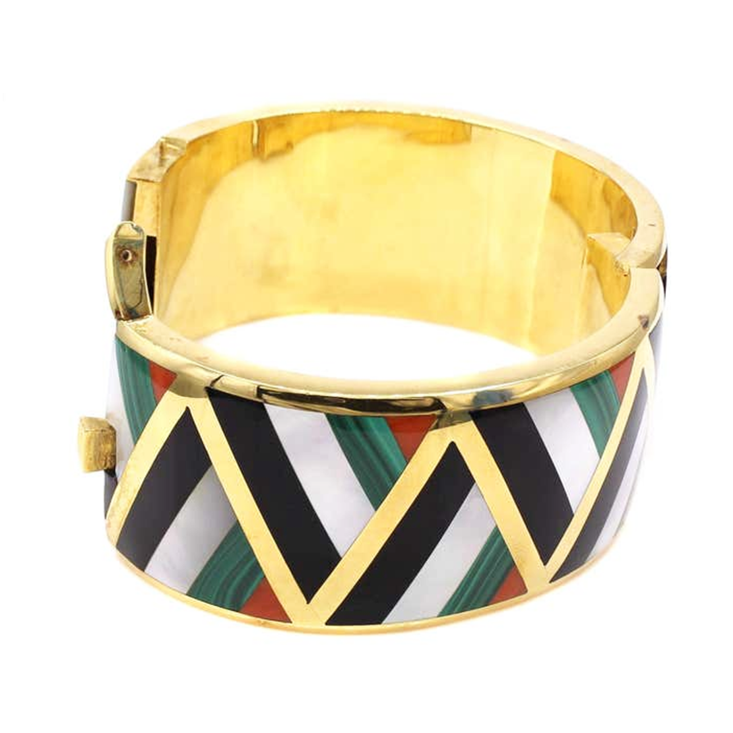 Asch Grossbardt 1980s 18KT Yellow Gold Carnelian Agate, Malachite, Mother of Pearl & Onyx Bangle Bracelet side