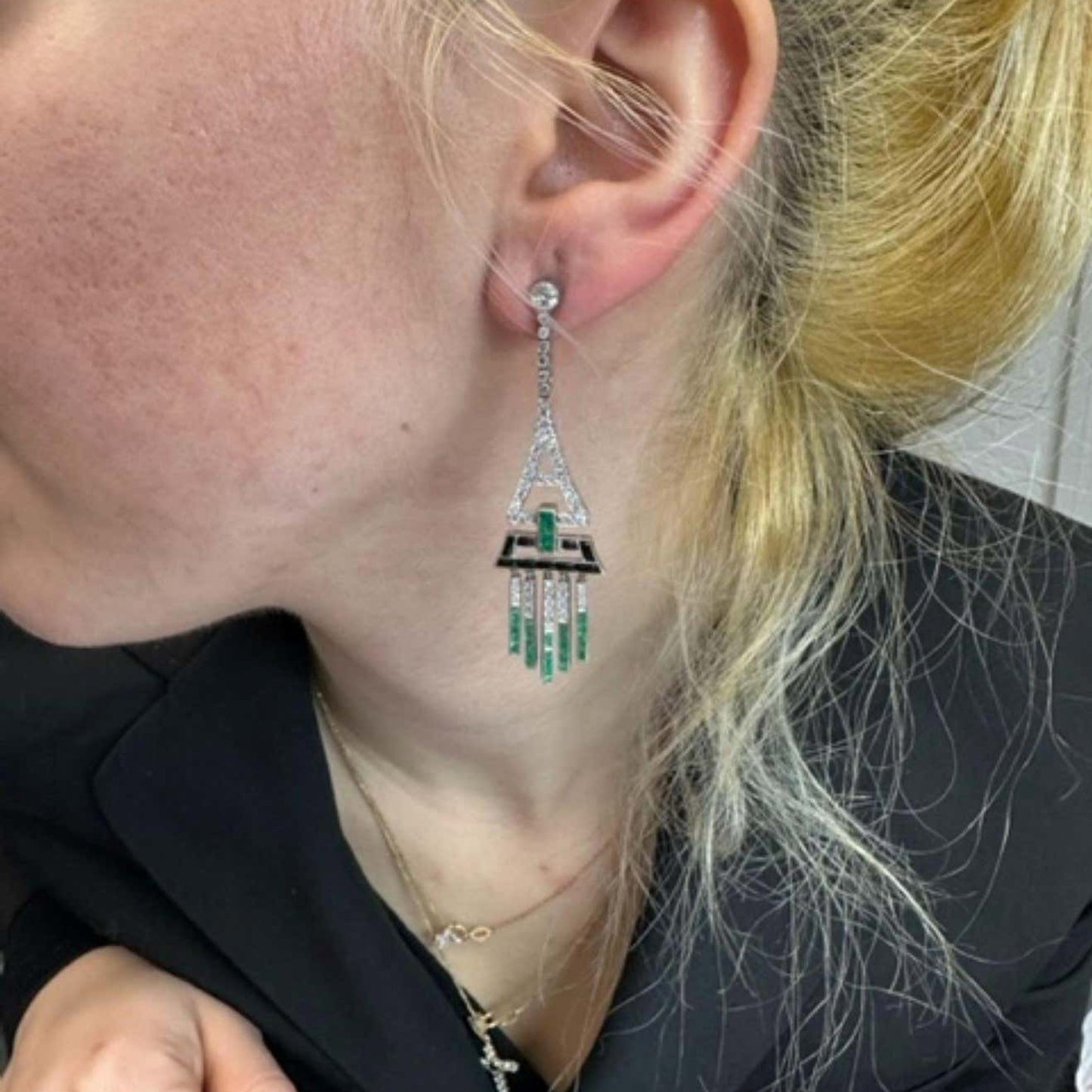 Art Deco Platinum Diamond, Emerald & Onyx Earrings
worn on ear