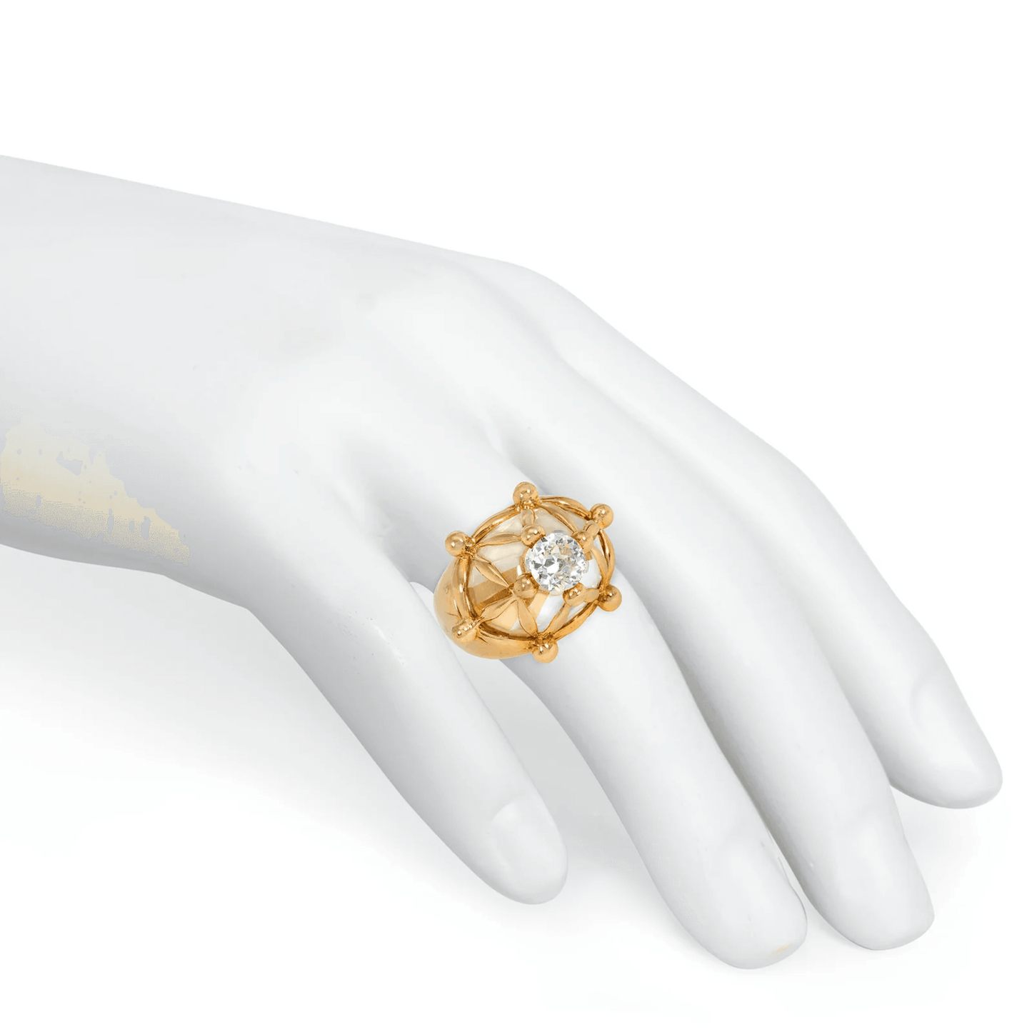Raymond Topet French 1960s Platinum & 18KT Yellow Gold Diamond & Rock Crystal Ring on finger