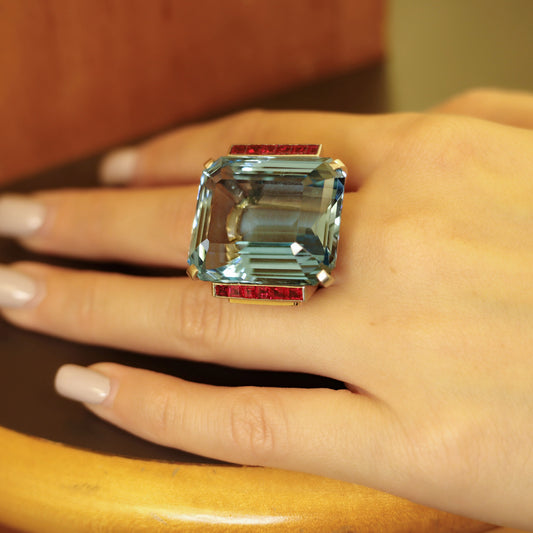 1940s 18KT Yellow Gold Aquamarine & Ruby Ring on finger