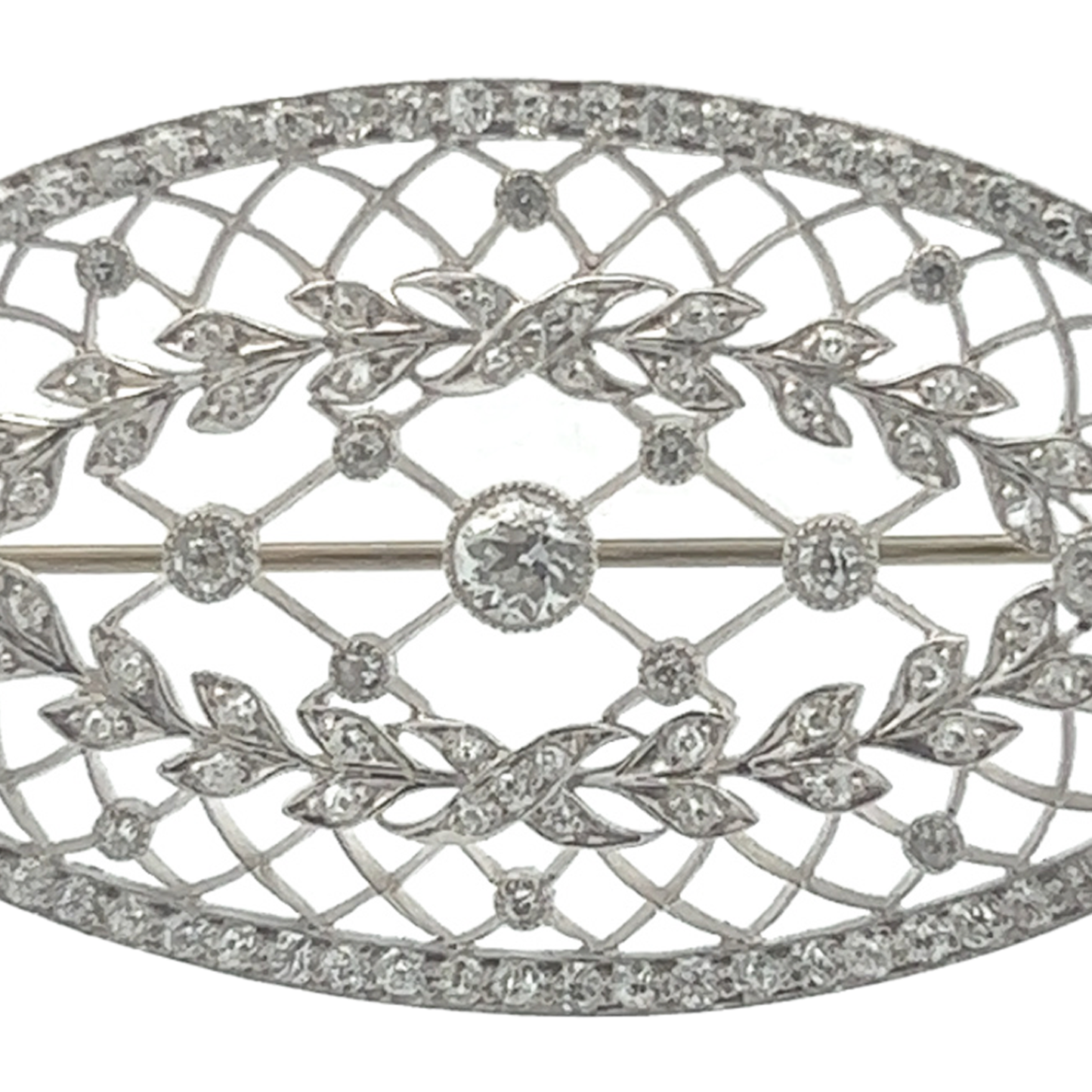 Edwardian Platinum & 14KT White Gold Diamond Brooch close-up