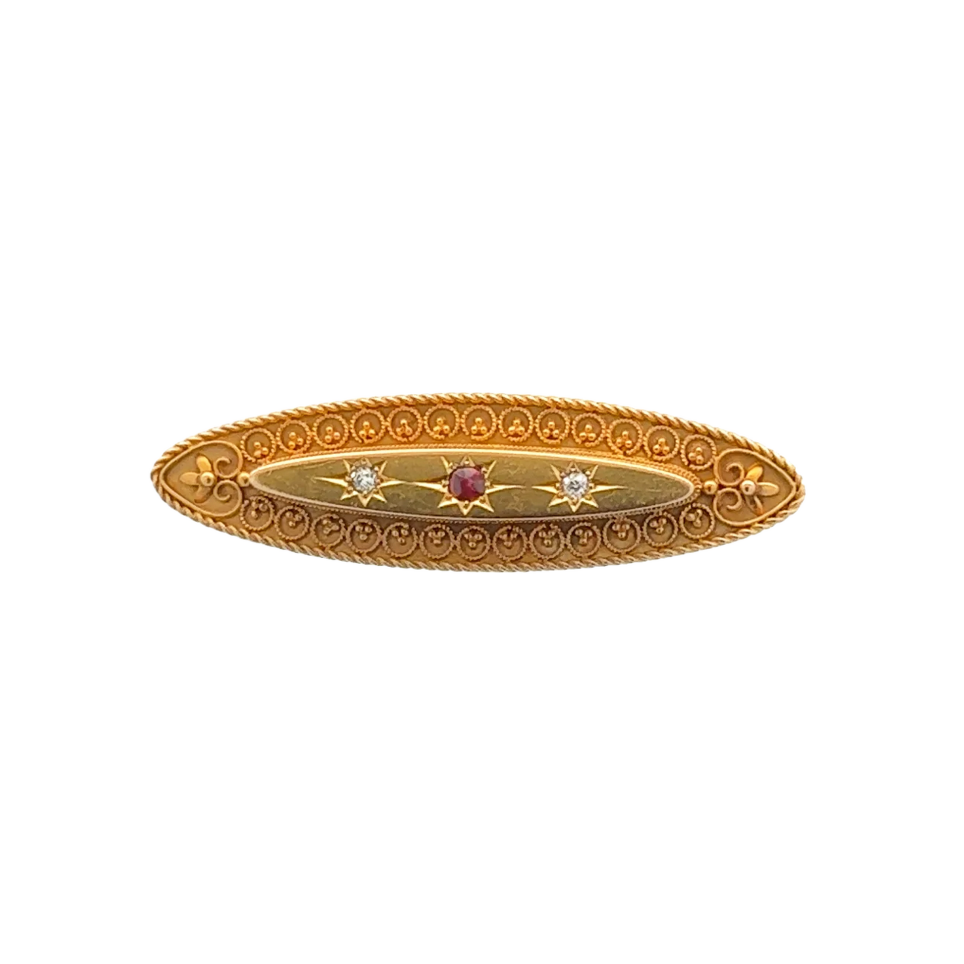 Antique 15KT Yellow Gold Diamond & Ruby Brooch front
