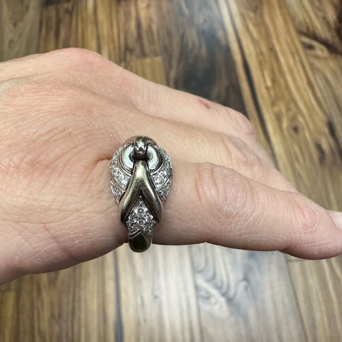 Bulgari Post-1980s 18KT White Gold Diamond Ring on finger