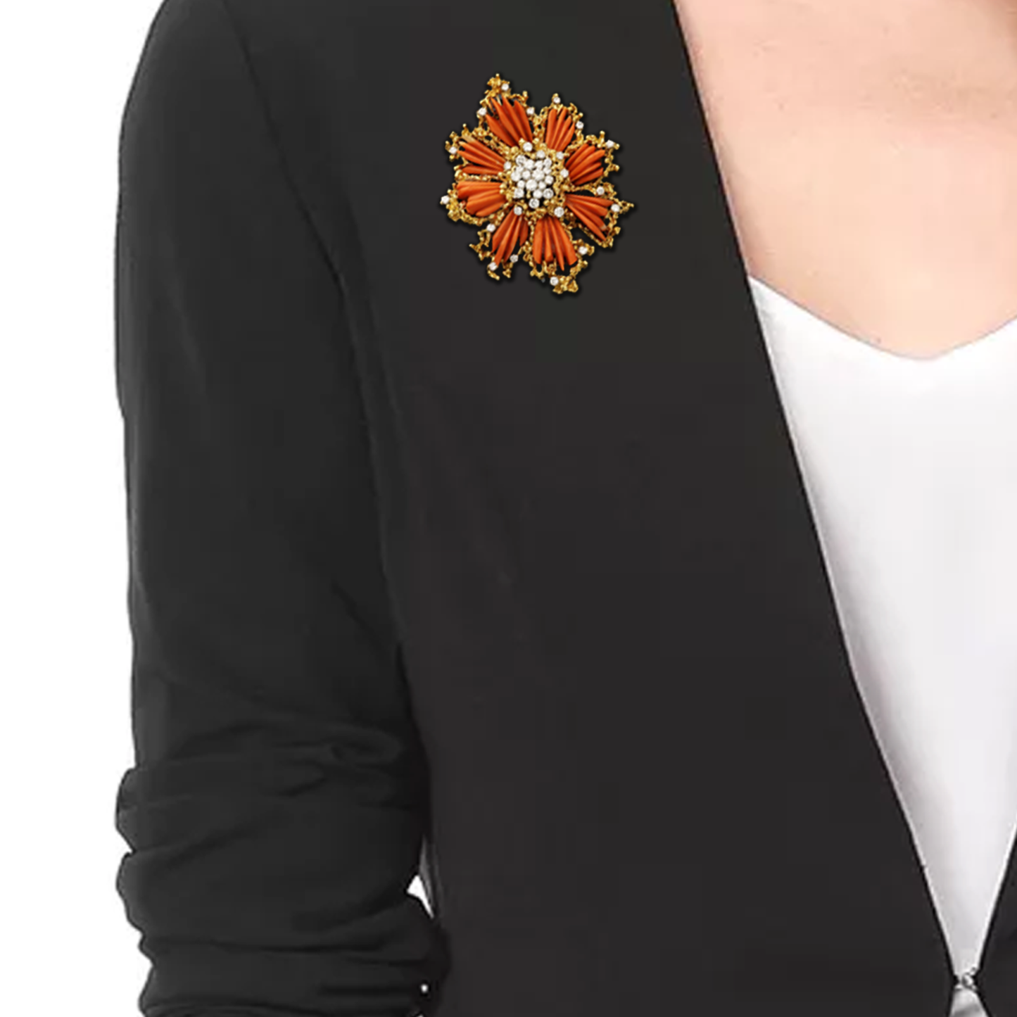 Kutchinsky 1960s 18KT Yellow Gold Coral & Diamond Brooch Pendant on blazer