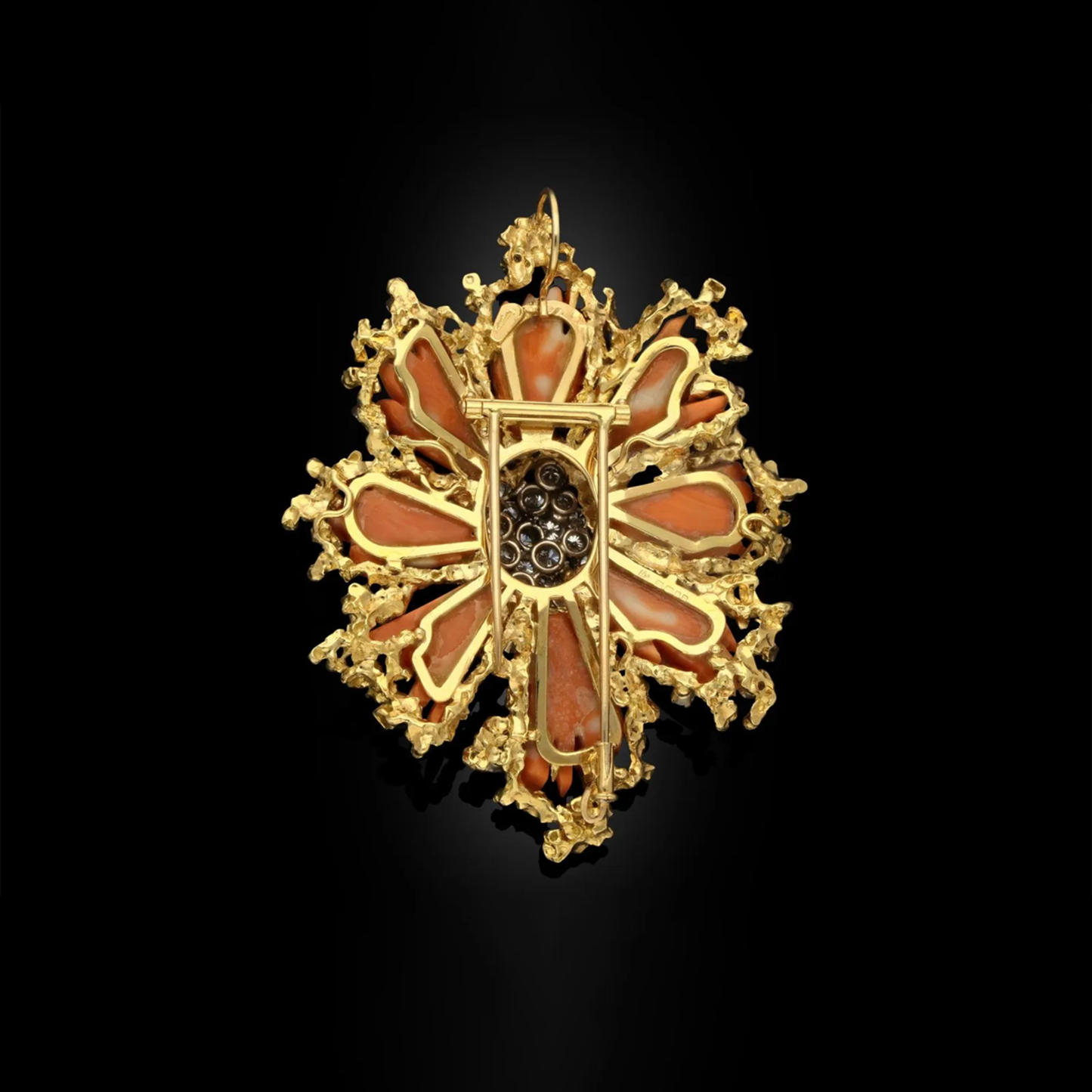 Kutchinsky 1960s 18KT Yellow Gold Coral & Diamond Brooch Pendant back