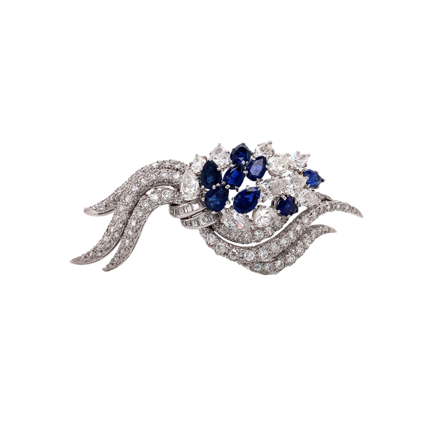 1950s Platinum Diamond & Sapphire Brooch front