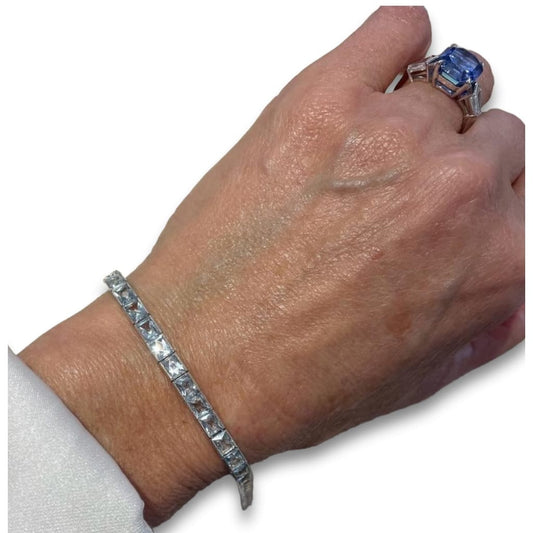 Post-1980s Platinum Aquamarine Line Bracelet on wrist