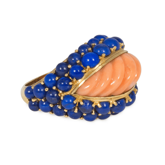 Boucheron French 1960s 18KT Yellow Gold Coral & Lapis Lazuli Ring side