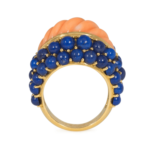 Boucheron French 1960s 18KT Yellow Gold Coral & Lapis Lazuli Ring top