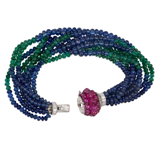 Art Deco Platinum Diamond, Emerald, Ruby & Sapphire Torsade Bracelet back