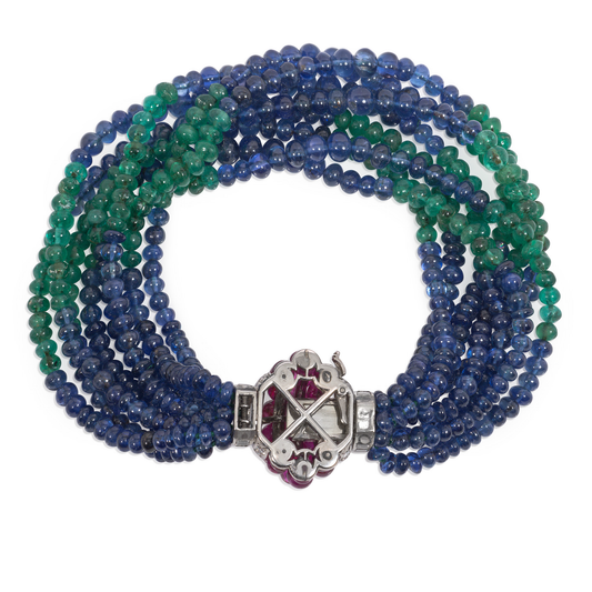 Art Deco Platinum Diamond, Emerald, Ruby & Sapphire Torsade Bracelet back