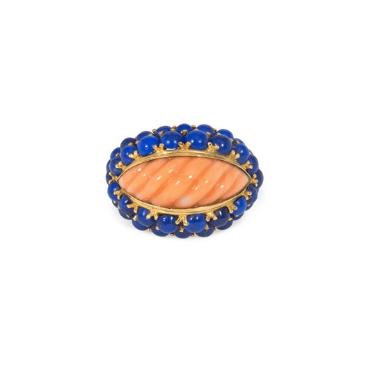 Boucheron French 1960s 18KT Yellow Gold Coral & Lapis Lazuli Ring front