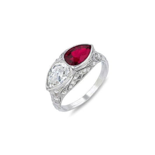 Edwardian Platinum Burma Ruby & Diamond Ring front
