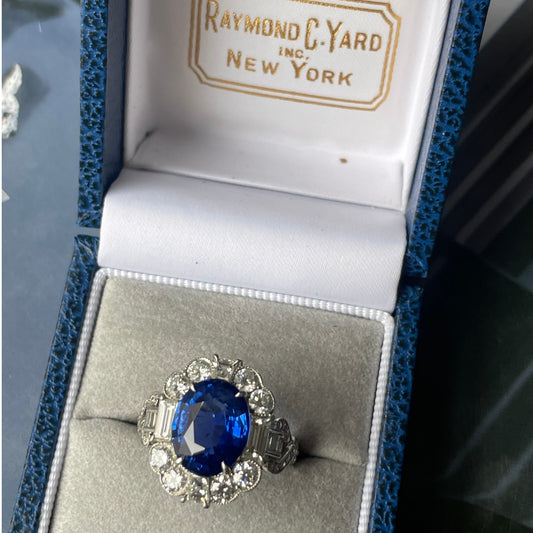 Raymond Yard 1970s Platinum Sapphire & Diamond Ring in original box