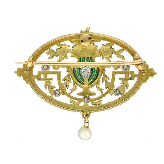 Lucien Gautrait French Art Nouveau Platinum & 18KT Yellow Gold Diamond, Enamel & Natural Pearl Pendant / Brooch back