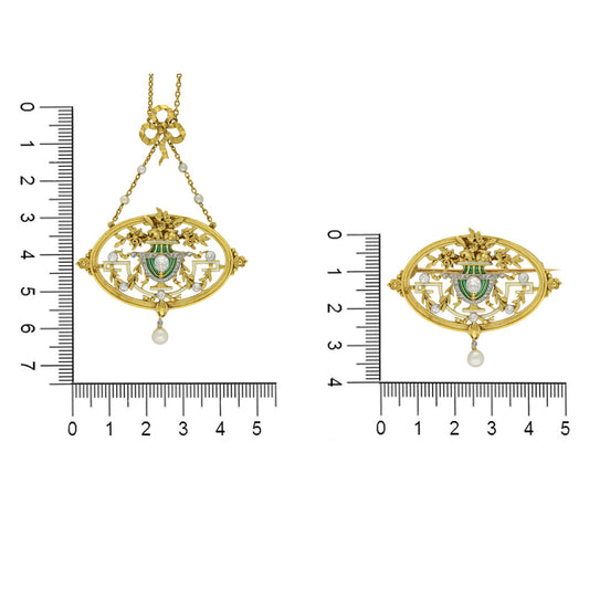 Lucien Gautrait French Art Nouveau Platinum & 18KT Yellow Gold Diamond, Enamel & Natural Pearl Pendant / Brooch front