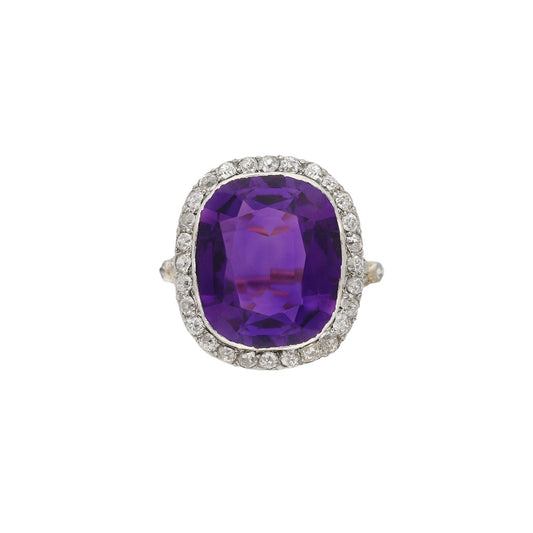 Victorian Silver & 18KT Yellow Gold Amethyst & Diamond Ring front