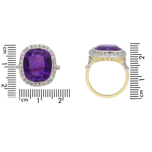 Victorian Silver & 18KT Yellow Gold Amethyst & Diamond Ring front and profile
