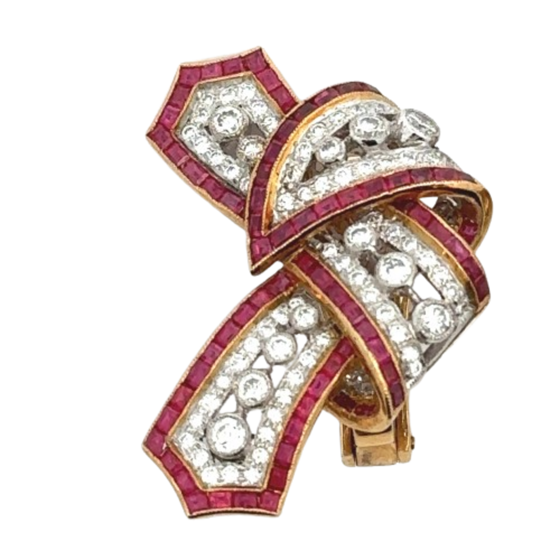 1980s 18KT Yellow Gold Diamond & Ruby Bow Earrings close-up