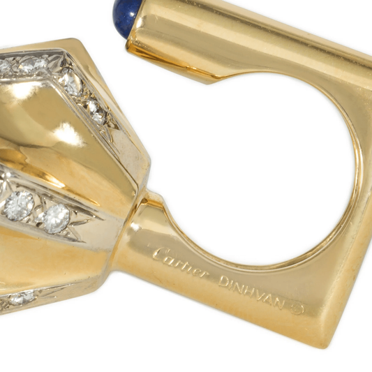 Dinh Van Cartier 1970s 18KT Yellow Gold Lapis Lazuli & Diamond Ring close-up of signature
