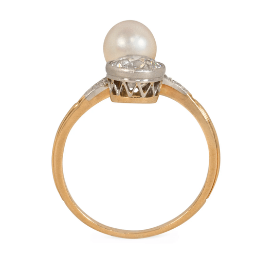 Edwardian Platinum & 18KT Yellow Gold Diamond & Natural Pearl Ring profile