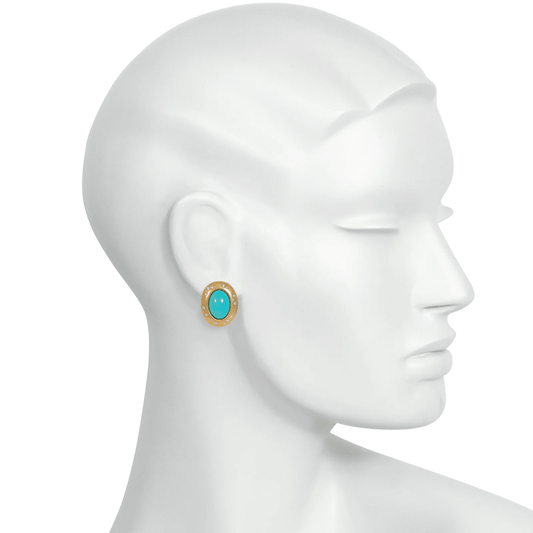 Tiffany & Co. 1980s 18KT Yellow Gold Diamond & Turquoise Earrings on ear