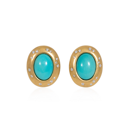 Tiffany & Co. 1980s 18KT Yellow Gold Diamond & Turquoise Earrings front