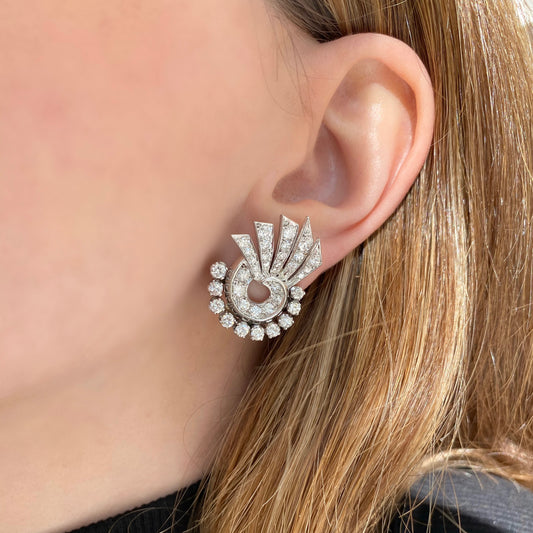 Art Deco Platinum and Diamond Earrings on ear