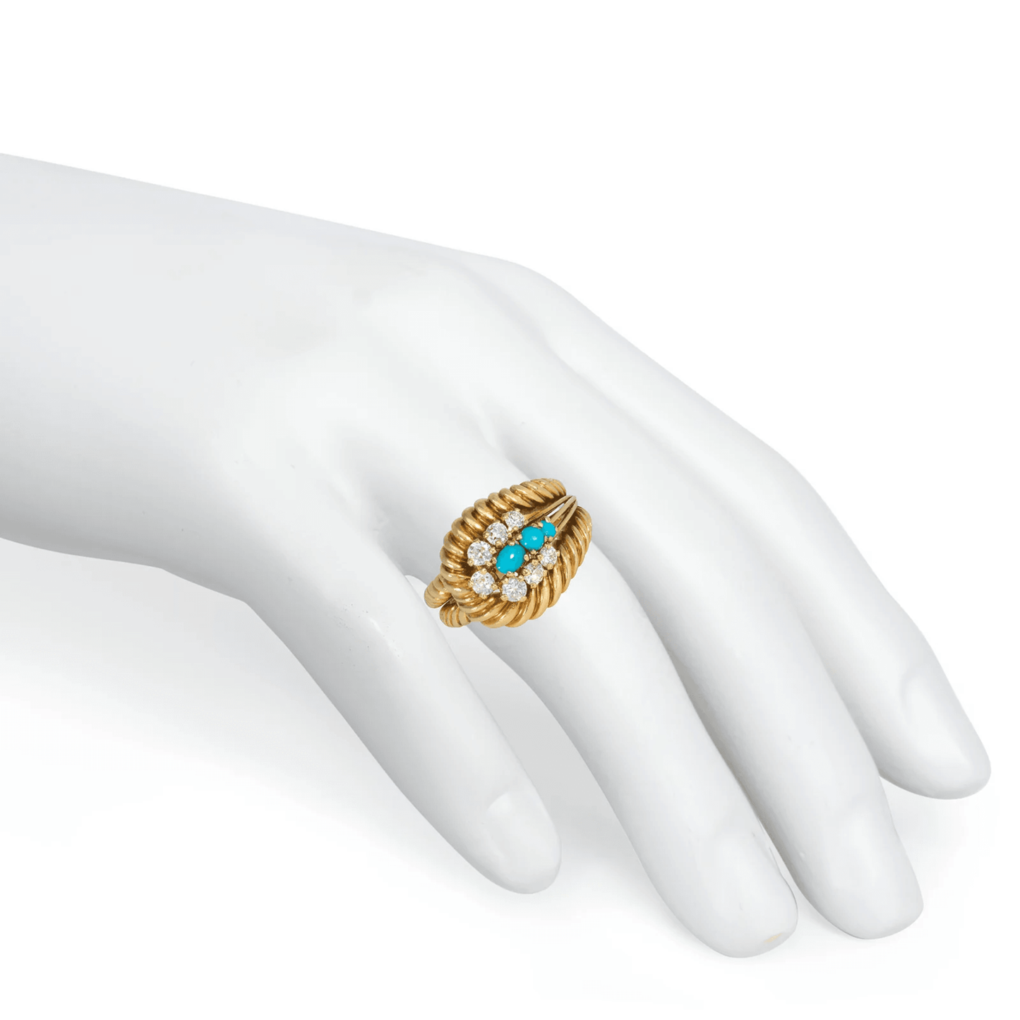 Cartier 1960s 18KT Yellow Gold Diamond & Turquoise Ring on finger