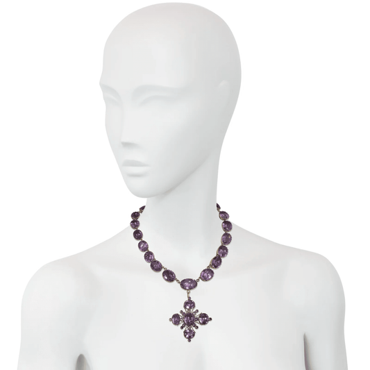 Georgian 14KT Yellow Gold Amethyst Rivière Necklace on neck