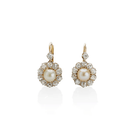 Victorian Platinum & 18KT Yellow Gold Diamond & Natural Pearl Earrings front