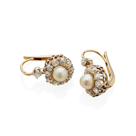 Victorian Platinum & 18KT Yellow Gold Diamond & Natural Pearl Earrings side