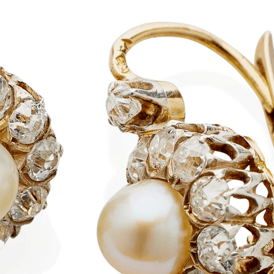Victorian Platinum & 18KT Yellow Gold Diamond & Natural Pearl Earrings close-up details