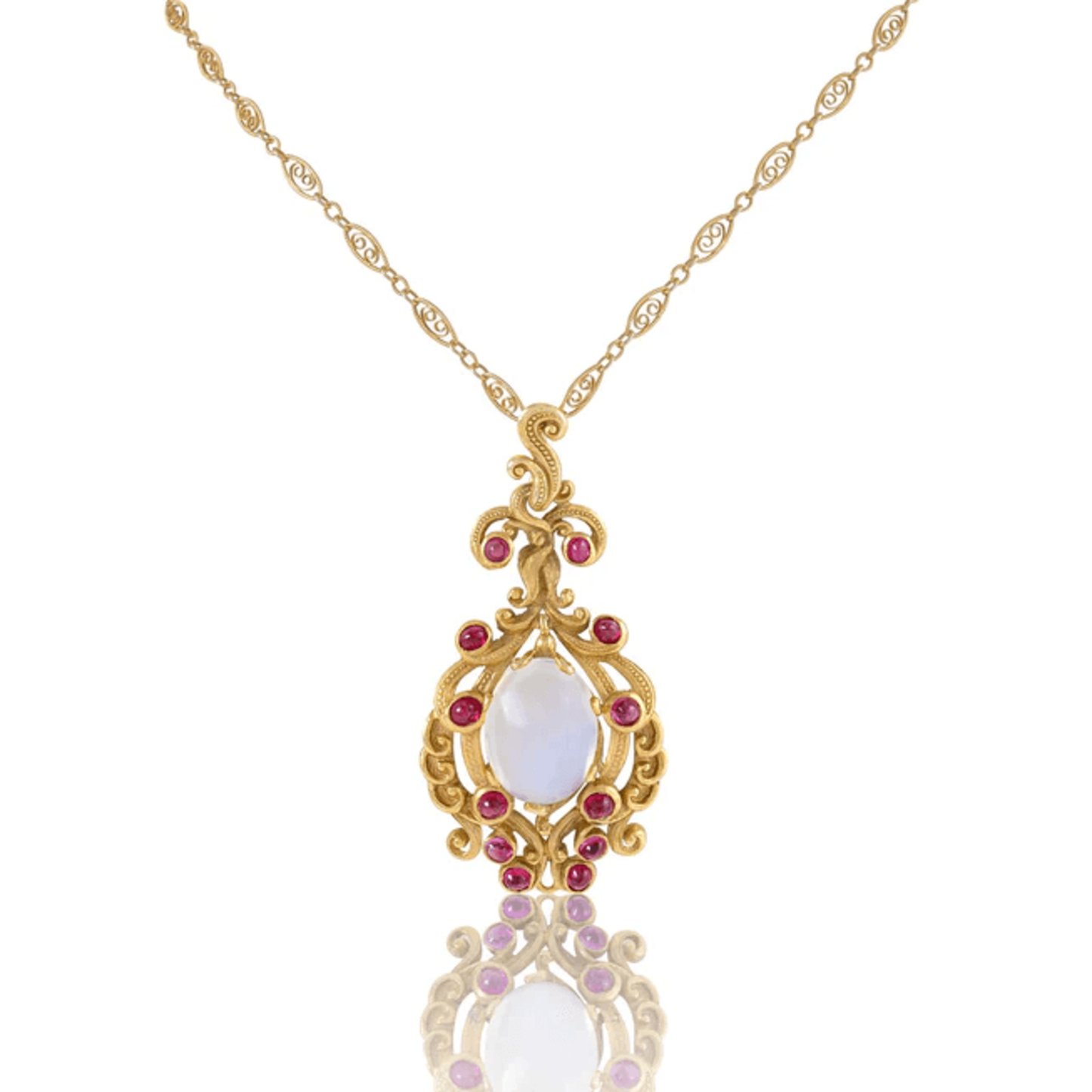 Victorian 14KT Yellow Gold Moonstone & Ruby Necklace front