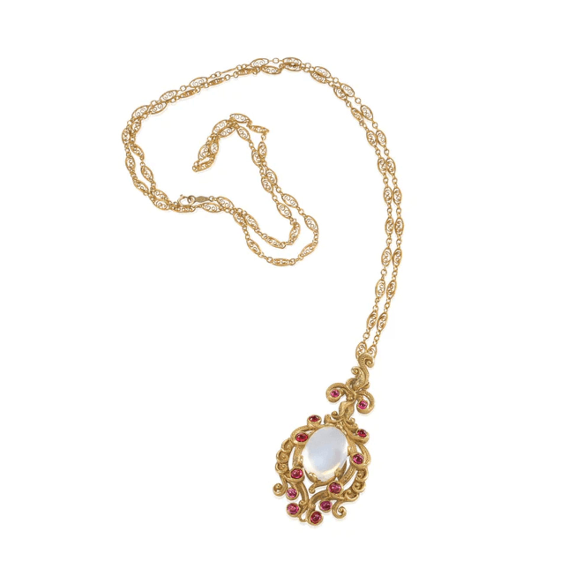 Victorian 14KT Yellow Gold Moonstone & Ruby Necklace front