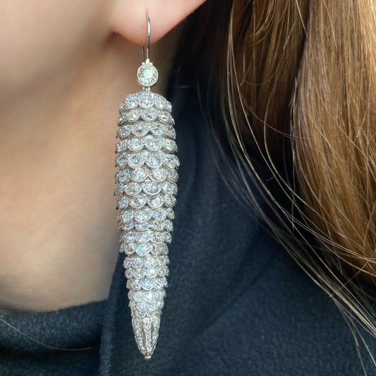 Edwardian Platinum Diamond Earrings on ear