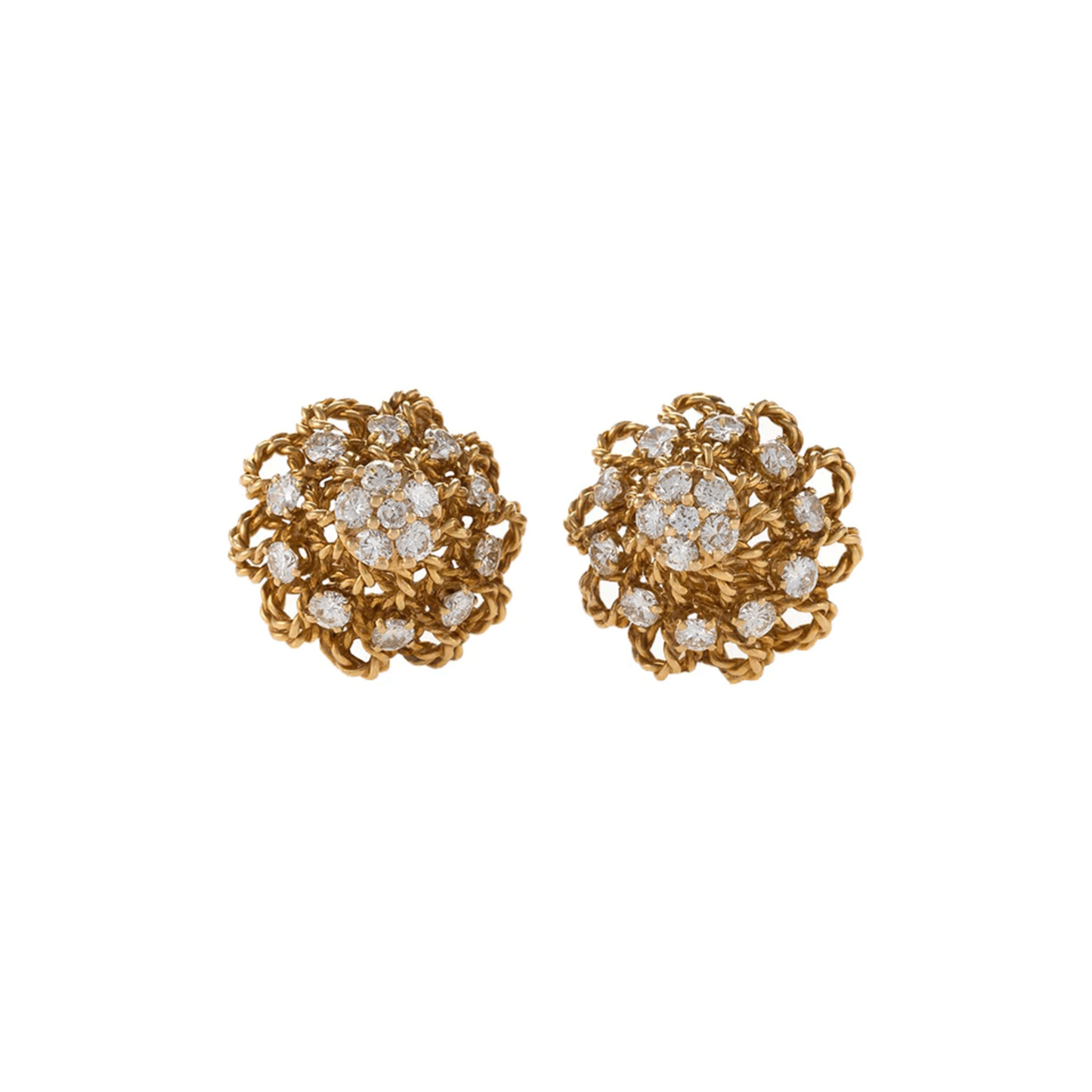 Marianne Ostier 1960s 18KT Yellow Gold Diamond Flower Earrings front