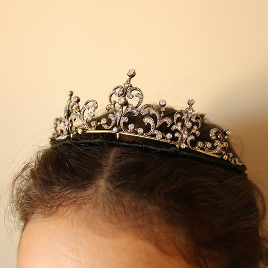Antique Platinum Diamond Tiara in hair