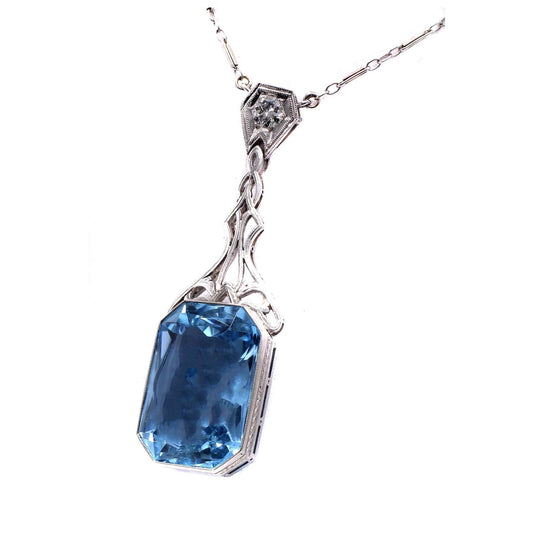 Art Deco Platinum Aquamarine & Diamond Necklace front