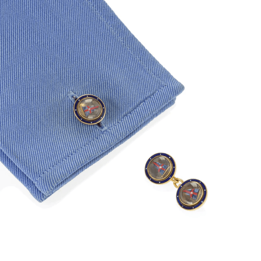 Benzie of Cowes Victorian 18KT Yellow Gold Rock Crystal & Enamel Cufflinks on cuff