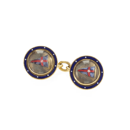 Benzie of Cowes Victorian 18KT Yellow Gold Rock Crystal & Enamel Cufflinks front