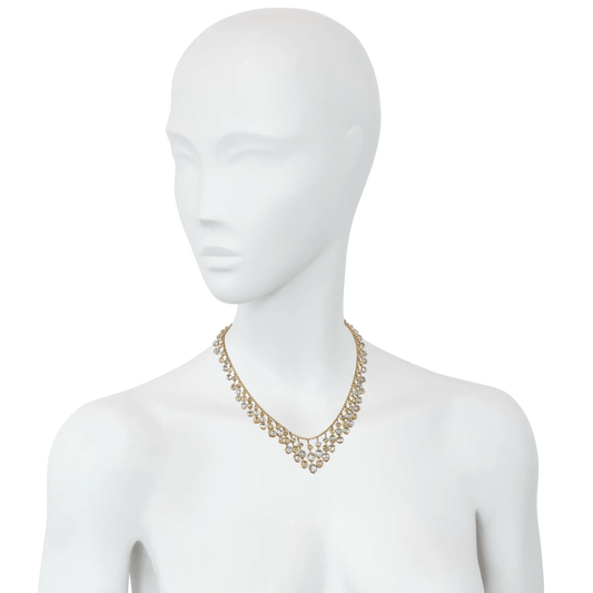 Victorian 15KT Yellow Gold Aquamarine, Chrysoberyl & Topaz Necklace on neck
