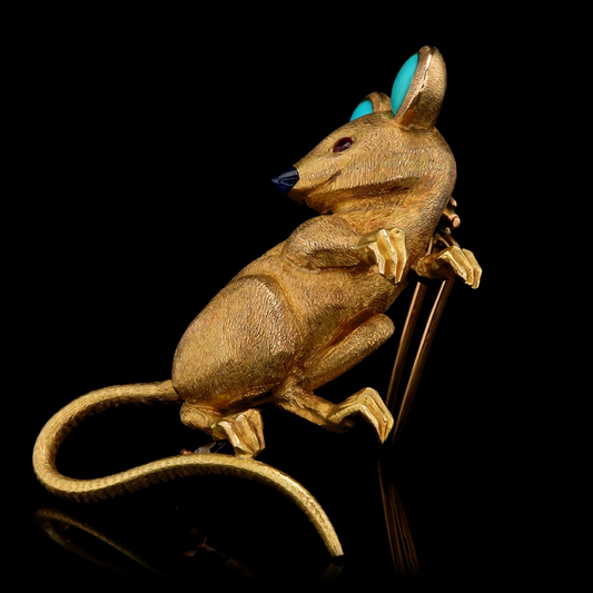Cartier French 1960s 18KT Yellow Gold Turquoise & Sapphire Mouse Brooch side